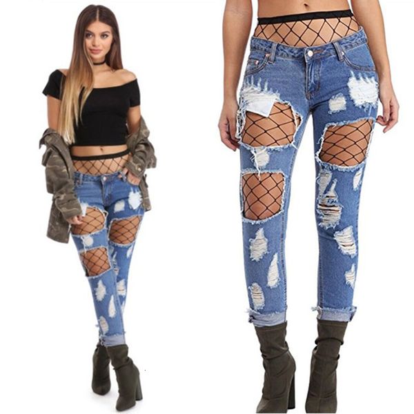 

loose jeans holes and rough ees, straight pants with net socks, Blue