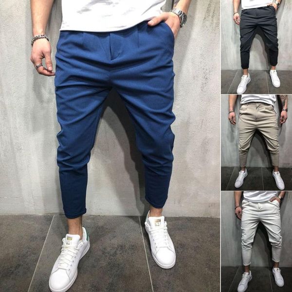 

solid mens slim fit urban straight leg trousers casual pencil jogger fitness pants male trousers mens solid color street, Black