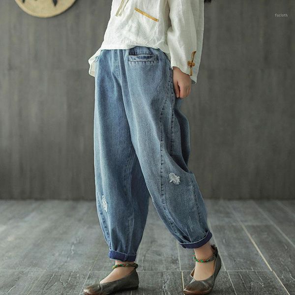 

ripped jeans woman denim harem pants vintage cotton spring drawstring regular fit tapered pants loose boyfriend jeans for women1, Blue