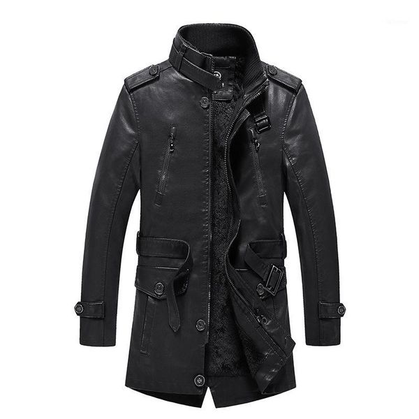

british fashion leather jackets men stand collar outwear thick velvet long trench men coats winter warm parka biker jackets1, Black