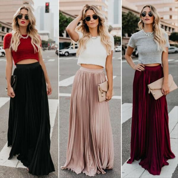 

2020 womens summer high waist maxi skirts pleated long casual a line swing skirts drop shipping, Black