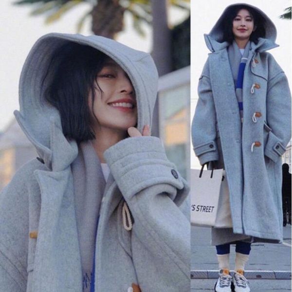 

woolen coat woman zhang li star with the long and medium length hooded loose woolen coat winter fashion wholesale1, Black