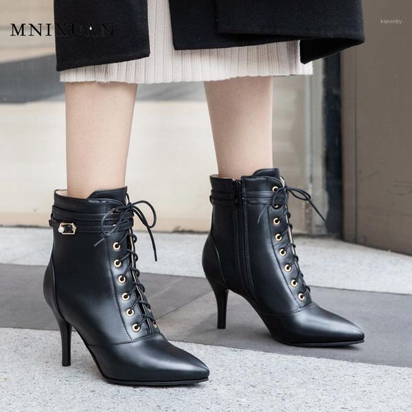 

boots mnixuan handmade winter shoes 2021 women black ankle pointed toe lace up high heel short big size 45 461