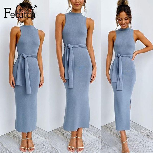 

casual dresses feditch 2021 elegant vintage long maxi dress fashion o-neck sleeveless bodycon women night club party vestidos, Black;gray