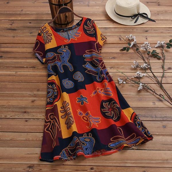 

fashion women's linen dress 2021 vintage print dress sarafans vestidos female v neck short sleeve tunic robe plus size, Black;gray