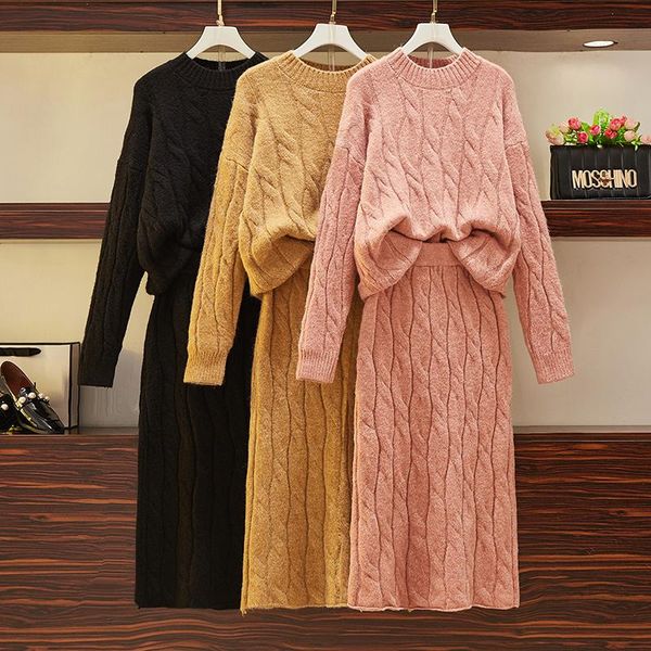 

women's tracksuits cbafu 3 color autumn winter knit skirt women plus size 2 piece set long sleeve pullovers elastic waist midi suit war, Gray