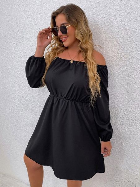 

plus off shoulder lantern sleeve dress z9y5#, Black