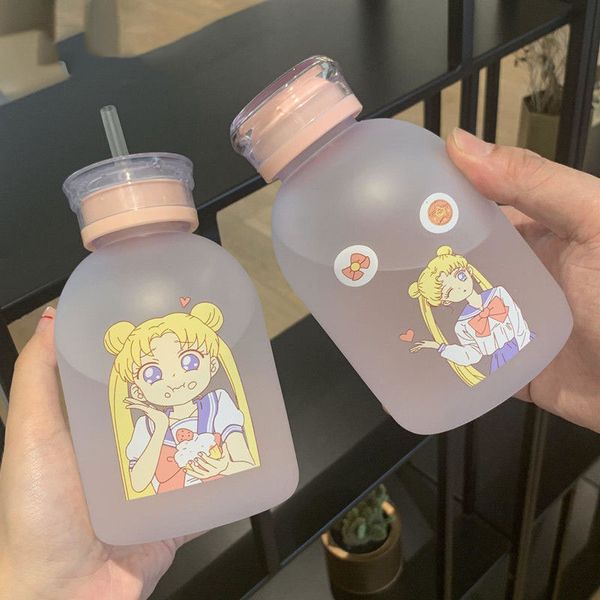 Tidyhom Sailor Moon Transparente Plastikflasche für Wasser, Milch, Saft, Cartoon-Motiv, mattiert, auslaufsicher, Trinkgeschirr, niedlicher Student-Mädchen-Geschenkbecher 201126