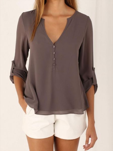 

11 color 8 size popular european and american elegant womens long sleeved v neck loose large chiffon shirt, White