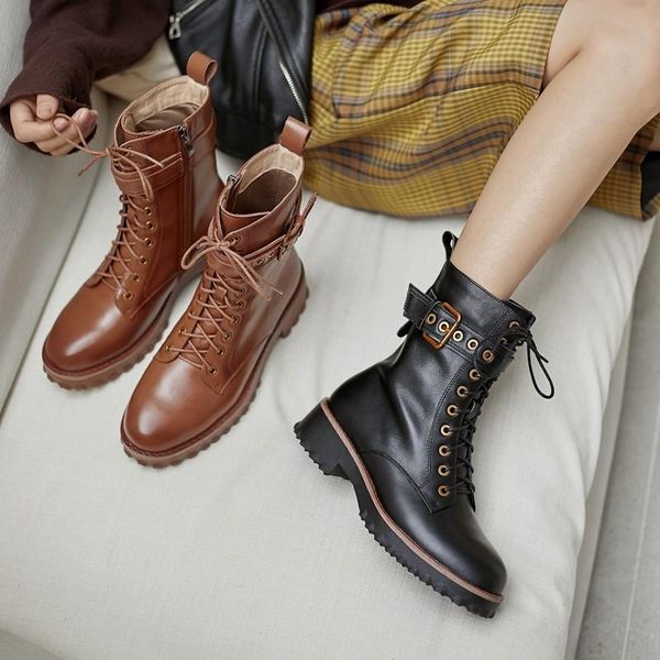 

handmade motorcycle boots genuine leather women 2021 winter new platform chunky heels punk ankle boots zip booties big size 42, Black