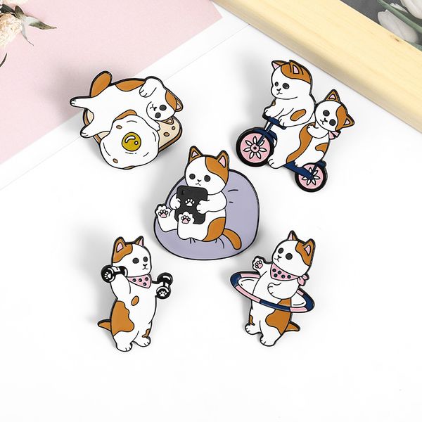 

cartoon cats family series enamel pins kitten cute lovely exercises brooches metal custom jewelry fashion accessories backpack denim badges, Gray