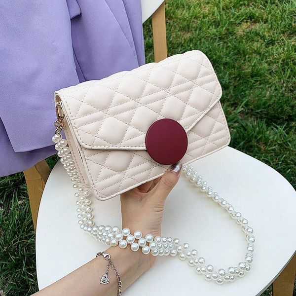 

2020 summer mini design pu leather messenger bag ladies shoulder bag with pearl shoulder strap handbag white small square