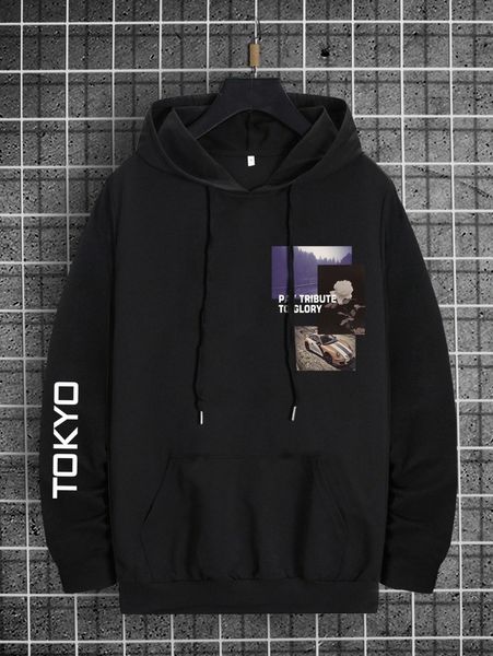 

men car and slogan graphic kangaroo pocket drawstring hoodie c35w#, Black