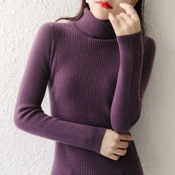 

2021 9 colours winter thin elastic blouses women 100% merin wool knitting turtleneck high standard female pullovers jumpers r0z0, White;black