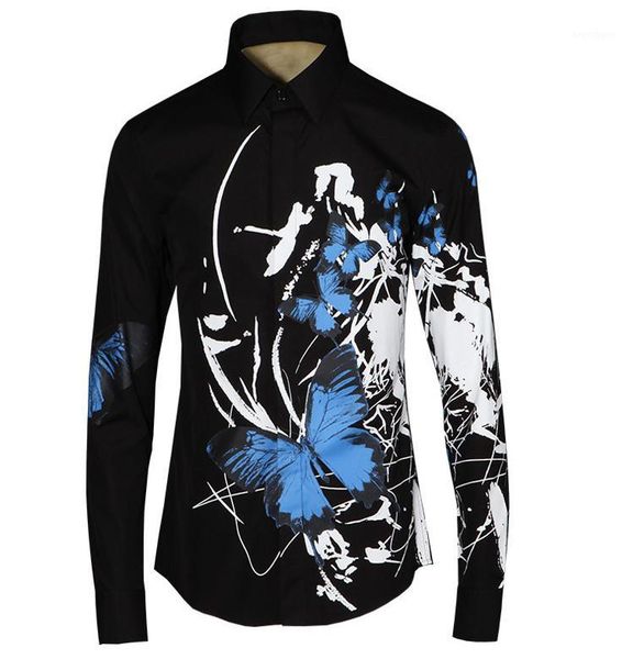 

lu men shirt luxury unique black print butterfly design mens shirts fashion casual shirts plus size 4xl slim fit man1, White;black