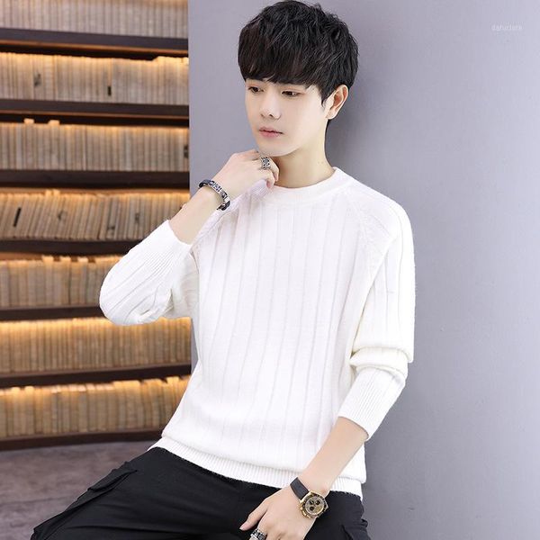 

2020 brand winter men's round neck sweater solid color wild sweater slim turtleneck warm for male knit1, White;black