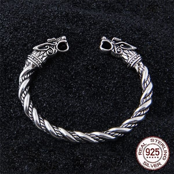 

s925 sterling silver viking wolf bangle with wood box as gift for men or women 1028, Black