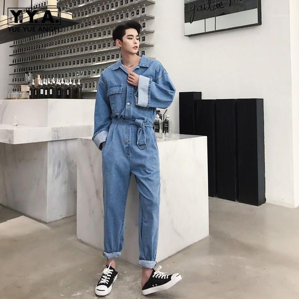 

retro denim jumpsuit loose jeans streetwear male hip hop long-sleeved straight one piece overalls denim rompers belt cargo pants1, Blue