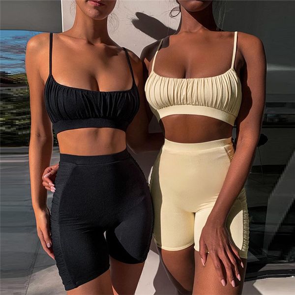 

solid color fashion sleeveless sling + slim shorts casual pleated women's suits, White;black