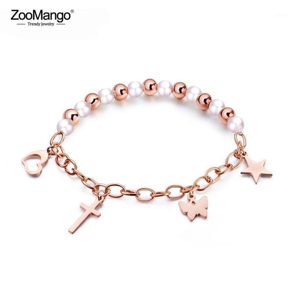 

zoomango simulated pearl heart butterfly cross star charm bracelets jewelry for women stainless steel diy bracelet zogs9911, Golden;silver