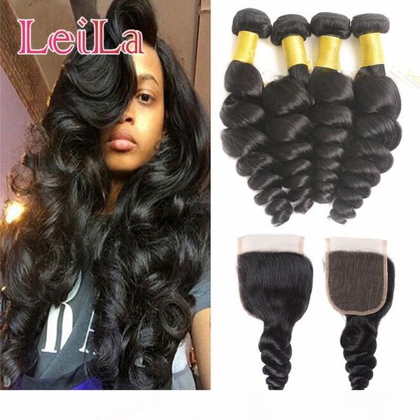 

virgin hair bundles with closure 5pcs lot 100g pcs 8a unprocessed human hair weaves indian loose wave virgin hair wefts natural black, Black;brown