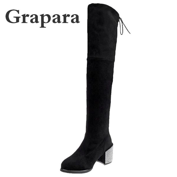 

autumn winter thigh high boots woman crystal square high heels women boots over the knee botas mujer ladies shoes female grapara, Black
