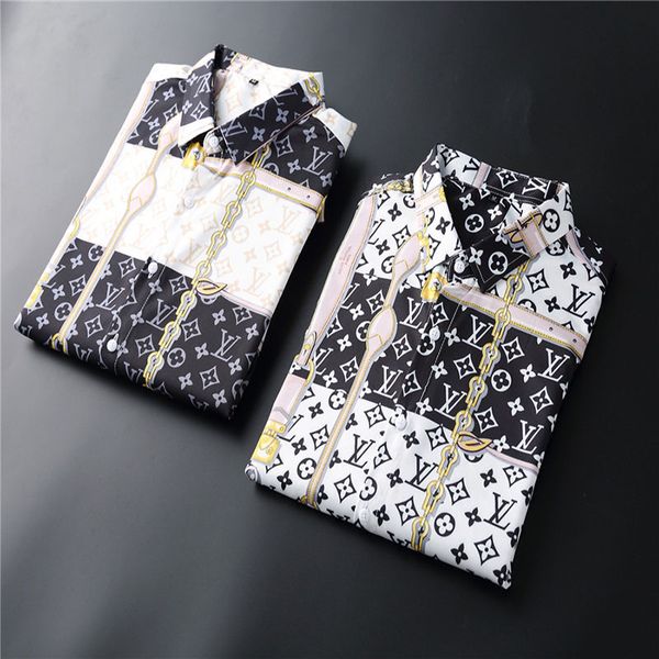 

2020 new men's designer shirt spring and autumn long sleeve printed button arc long line shirt clothing high quality, White;black