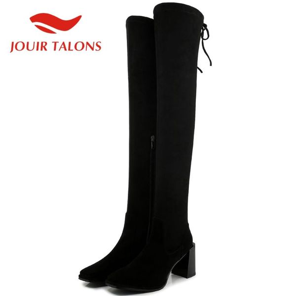 

jouir talons ladies fashion shoes kid suede strange style over-the-knee boots lace-up round toe zip, Black