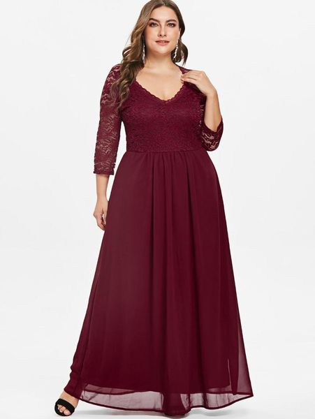 

wipalo plus size 5xl plunging neck lace panel floor-length maxi dress elegant three quarter sleeve party dress ladies vestidos1, Black;gray