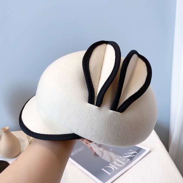 

japan ca4 cute rabbit ears cute girl woolen cloth female retro street cap baseball cap felt hat, Blue;gray
