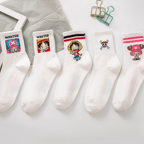 

men's socks spring and summer cotton women's cartoon anime luffy chopper striped japanese style, Black