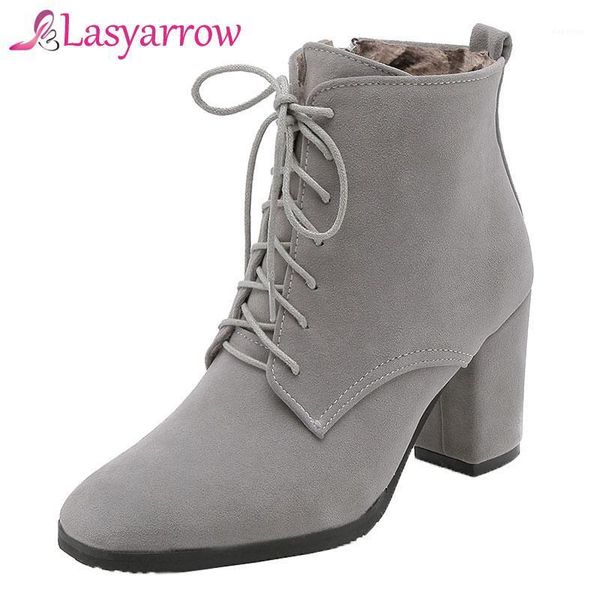 

boots lasyarrow zipper botas femininas casual lace up women's shoes thick high heels square toe autumn winter ankle for women1, Black