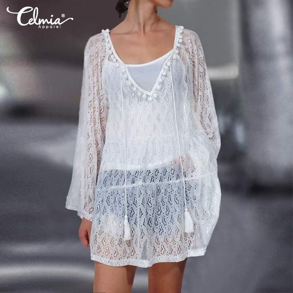 

women's blouses & shirts women 2021 long sleeve lace celmia stylish tassel blouse ladies see-through mesh elegant blusas femininas, White
