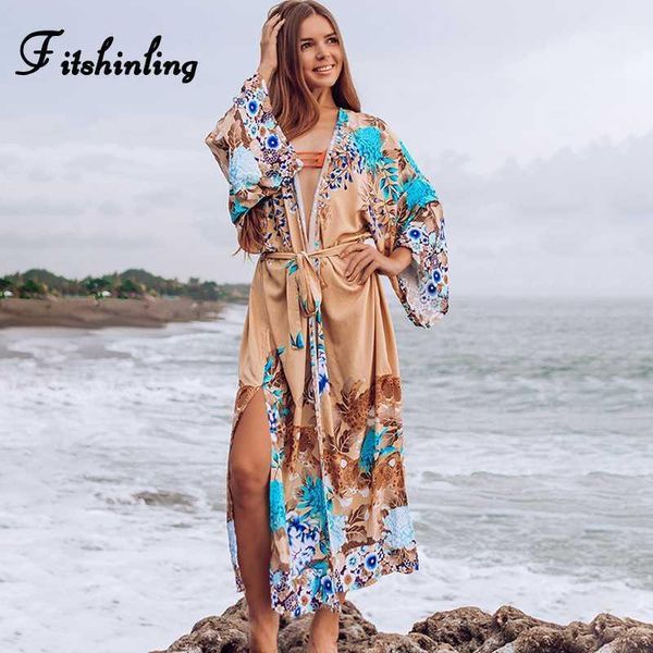 

fitshinling print floral beach kimono summer bohemian sashes split cover-up swimwear big sleeve slim long cardigan sale new1, White;black