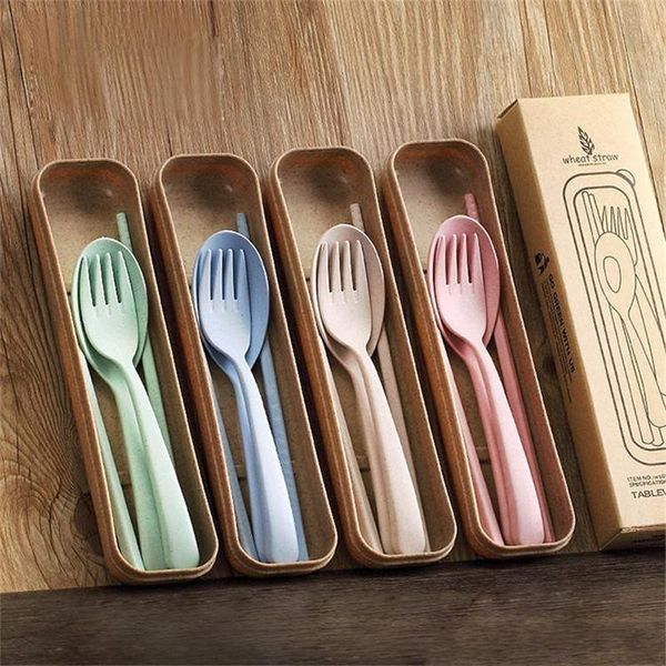 

3pcs/set new portable wheat straw spoon fork chopsticks tableware eco-friendly 4 colors reusable travel camping cutlery set