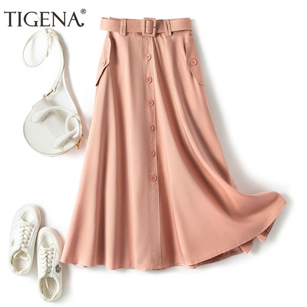 TIGENA Casual Gürtel Tasche Langen Rock Frauen Koreanische Mode Einreiher EINE Linie Elastische Hohe Taille Rock Weibliche Rosa Gelb y1214