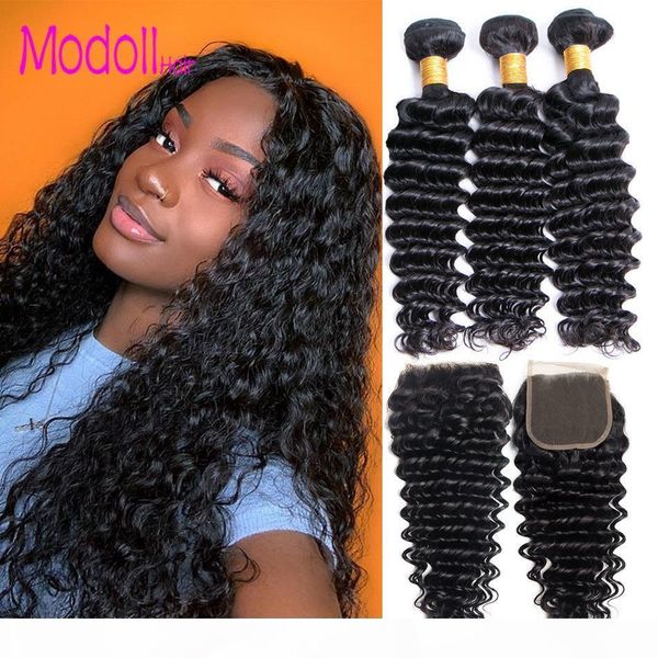

peruvian wet and wavy human hair deep wave bundles with closure 9a peruvian virgin human hair natural color 100% remy weave with closures, Black;brown