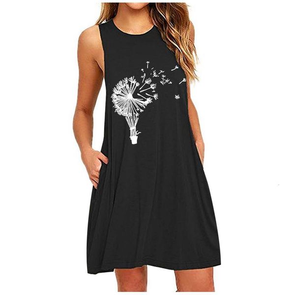 

womens pocket dandelions printing sleeveless casual nightdress dresses vestido de mujer kobieta sukienka #25 drop shipping, Black;gray