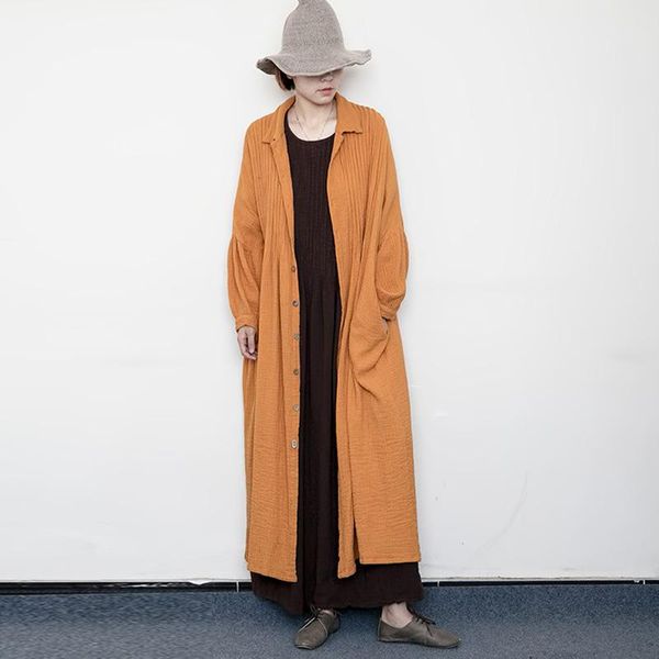 

johnature autumn single breasted turn-down collar women cardigan coats 2020 new cotton linen solid color casual female long coat, Tan;black