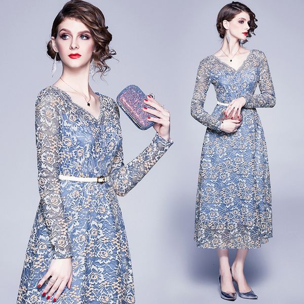 

2021 new women long sleeve v-neck v back lace elegant embroidery blue party ladies autumn chic with belt a29v, Black;gray