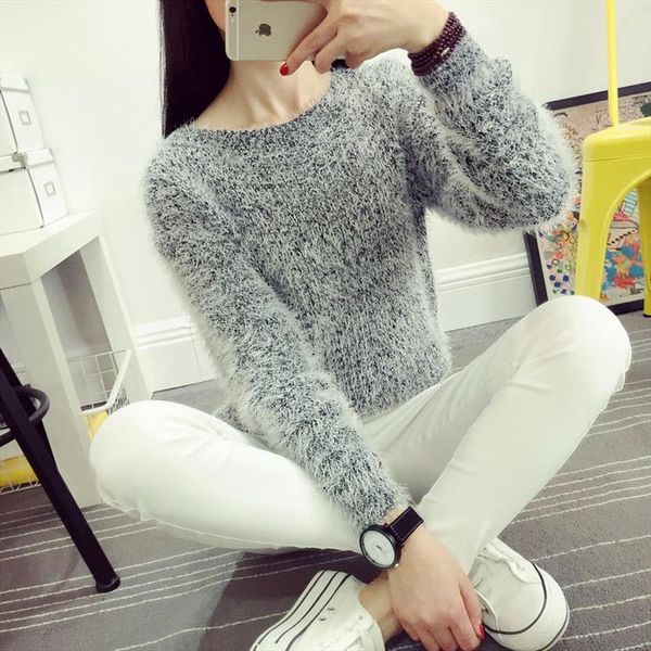 

2016 women candy colors sweaters fashion autumn winter warm mohair o neck pullover long sleeve casual loose sweater knitted, White;black