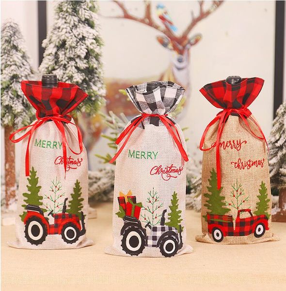 

christmas wine cover with bow xmas red car trucker plaid linen bottle clothes red wine bottle cover bags christmas decoration cz110202