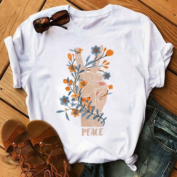 

peace flower print t shirt summer women tshirt harajuku tee graphic t-shirts female short sleeve t-shirt 90s girls tee, White