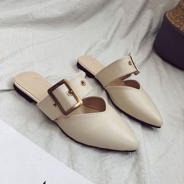 

2021 new summer will see shoes style pointed down heel buckle belt half women's slippers f2p4, Black