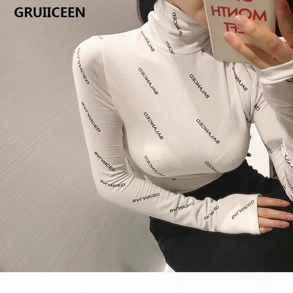 

gruiiceen brand fahsion print letters long sleeve t shirt women streetwear slim autumn turtleneck female tees sexy, White