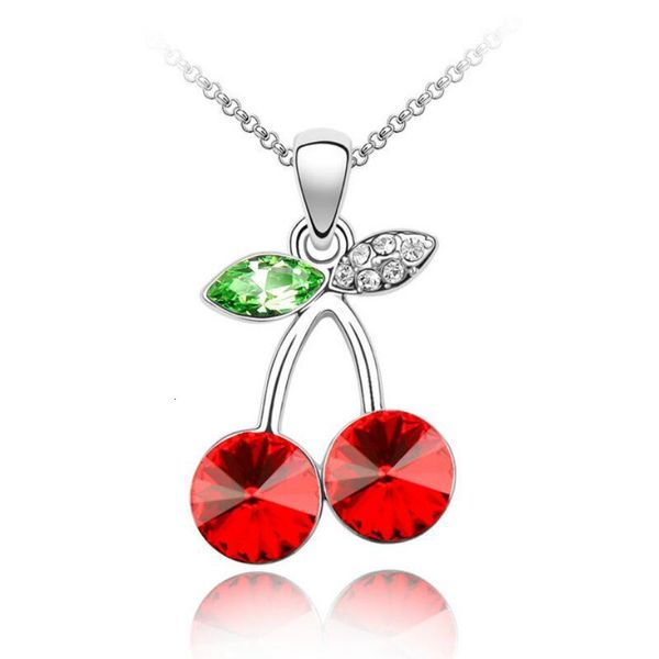 

red fruity cherry pendant necklace made with austrian crystals for women valentine's day gift ing, Silver