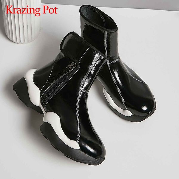 

krazing pot large size sports boots genuine leather convenient round toe high heel hook loop daily wear maiden ankle boots l9f9, Black