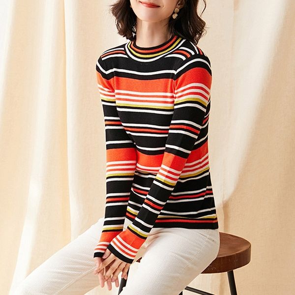 

hnfof autumn new pullovert round neck pullover pullover woolpulloverlong sleeve t-shirt women's stripe slim 2019 versatile fit sweater, White;black