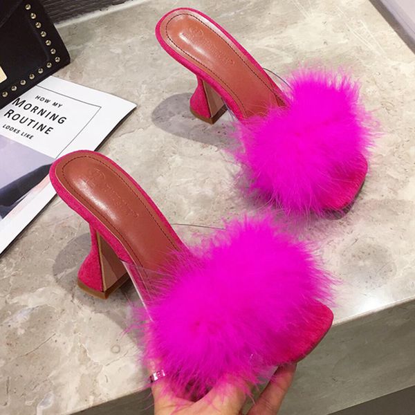 

2021 summer women mules rose red furry hoof heels sandals lady fur slides outdoor slippers female party wedding mules shoesmultifunctio, Black