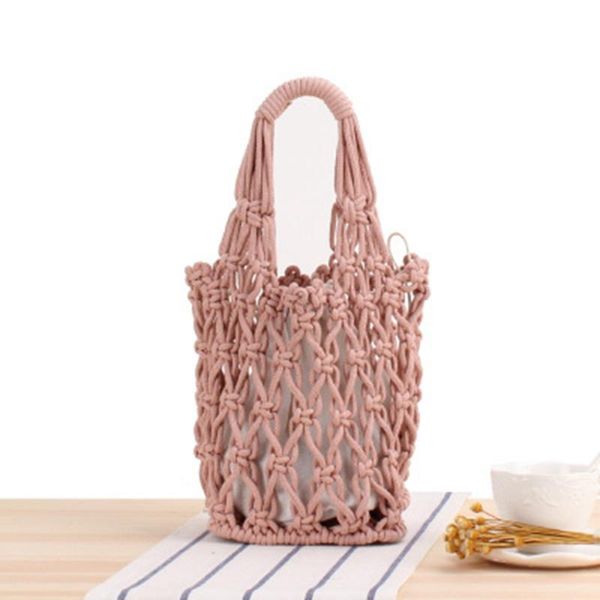 

vintage fashion hollow cotton woven bucket bag british style portable net bag leisure women's travel vacation beach